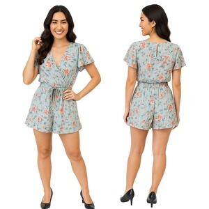 Francesca's Trixxi Romper Blue Floral V-Neck Ruffle Hem Boho Tropical Resort New